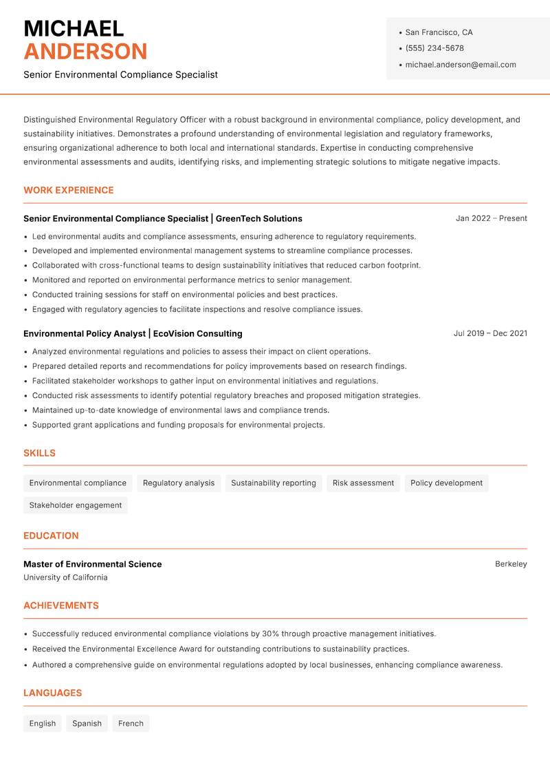Environmental Regulatory Officer resume template — Modern Professional