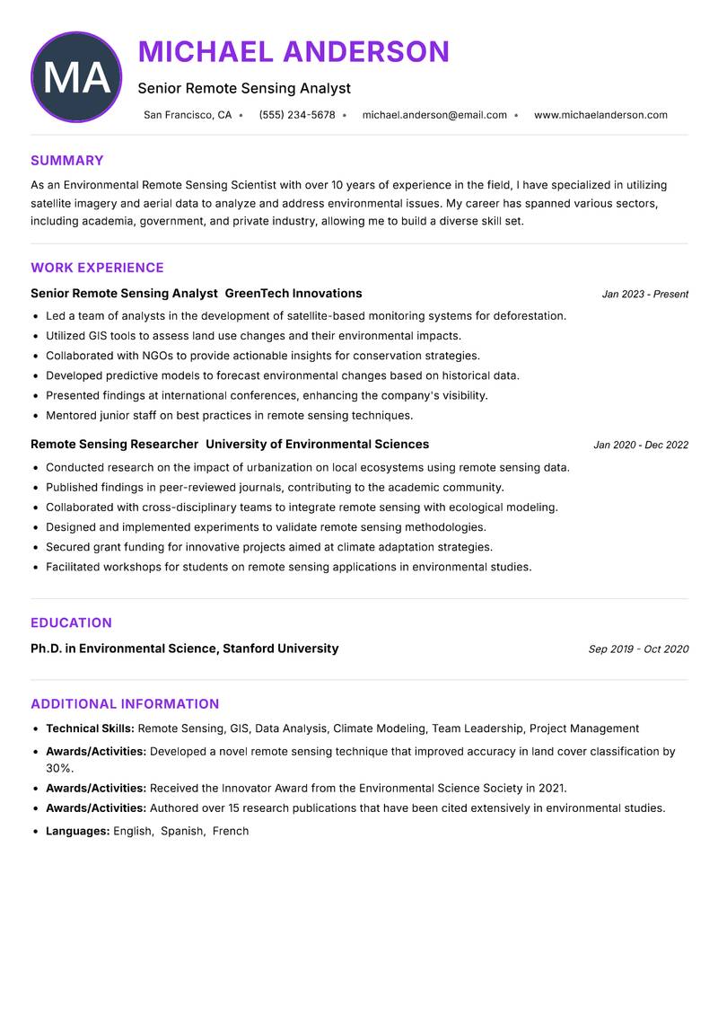 Environmental Remote Sensing Scientist resume example — ATS-friendly template