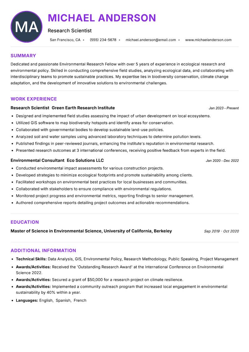 Environmental Research Fellow resume example — ATS-friendly template