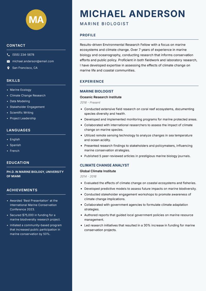 Environmental Research Fellow resume template — Classic Clean