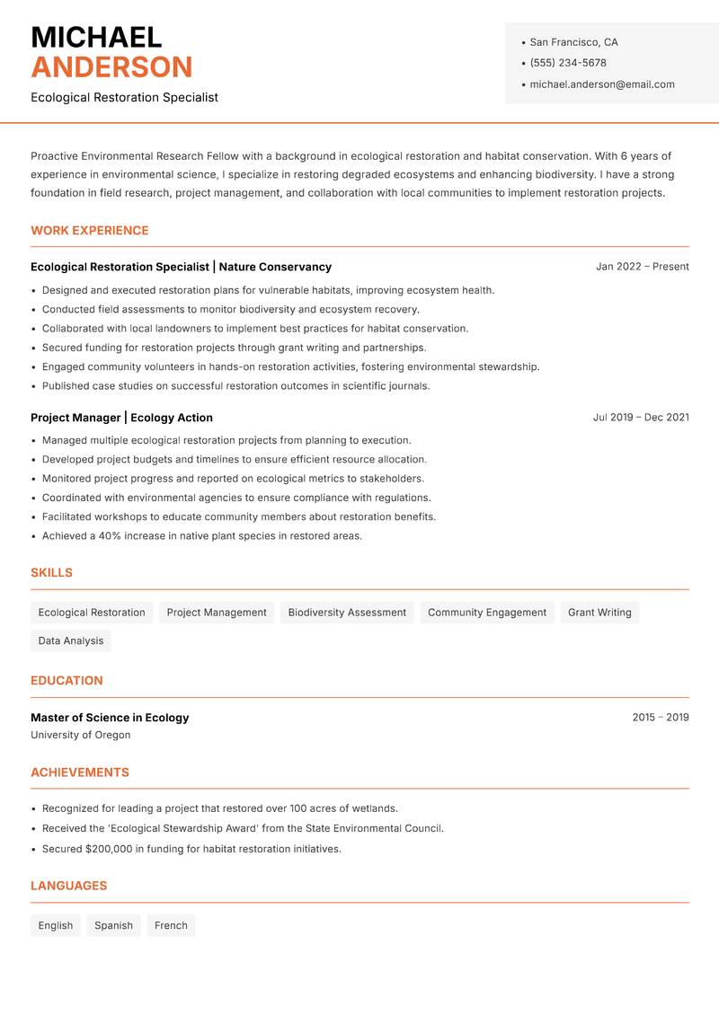 Environmental Research Fellow resume template — Modern Professional