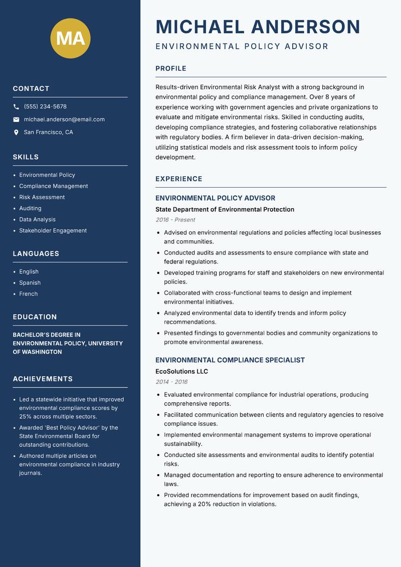 Environmental Risk Analyst resume template — Classic Clean