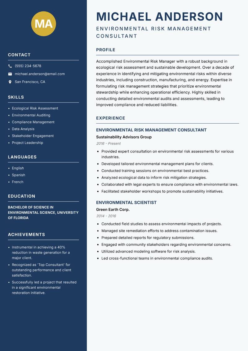 Environmental Risk Manager resume template — Classic Clean