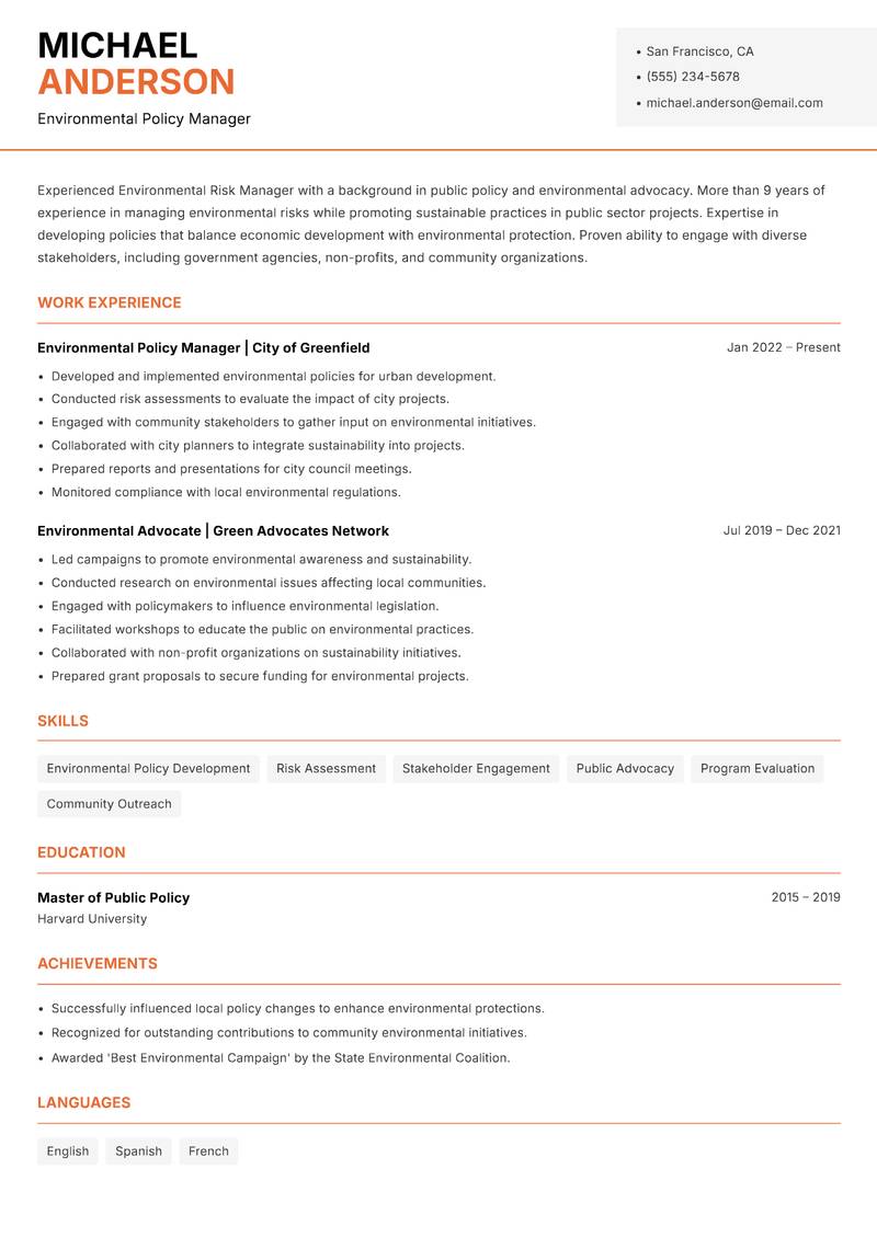 Environmental Risk Manager resume template — Modern Professional