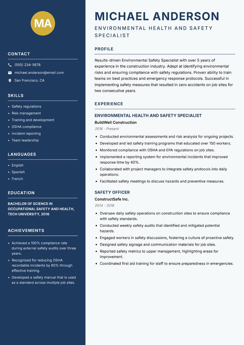 Environmental Safety Specialist resume template — Classic Clean