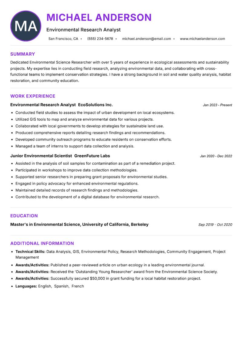 Environmental Science Researcher resume example — ATS-friendly template
