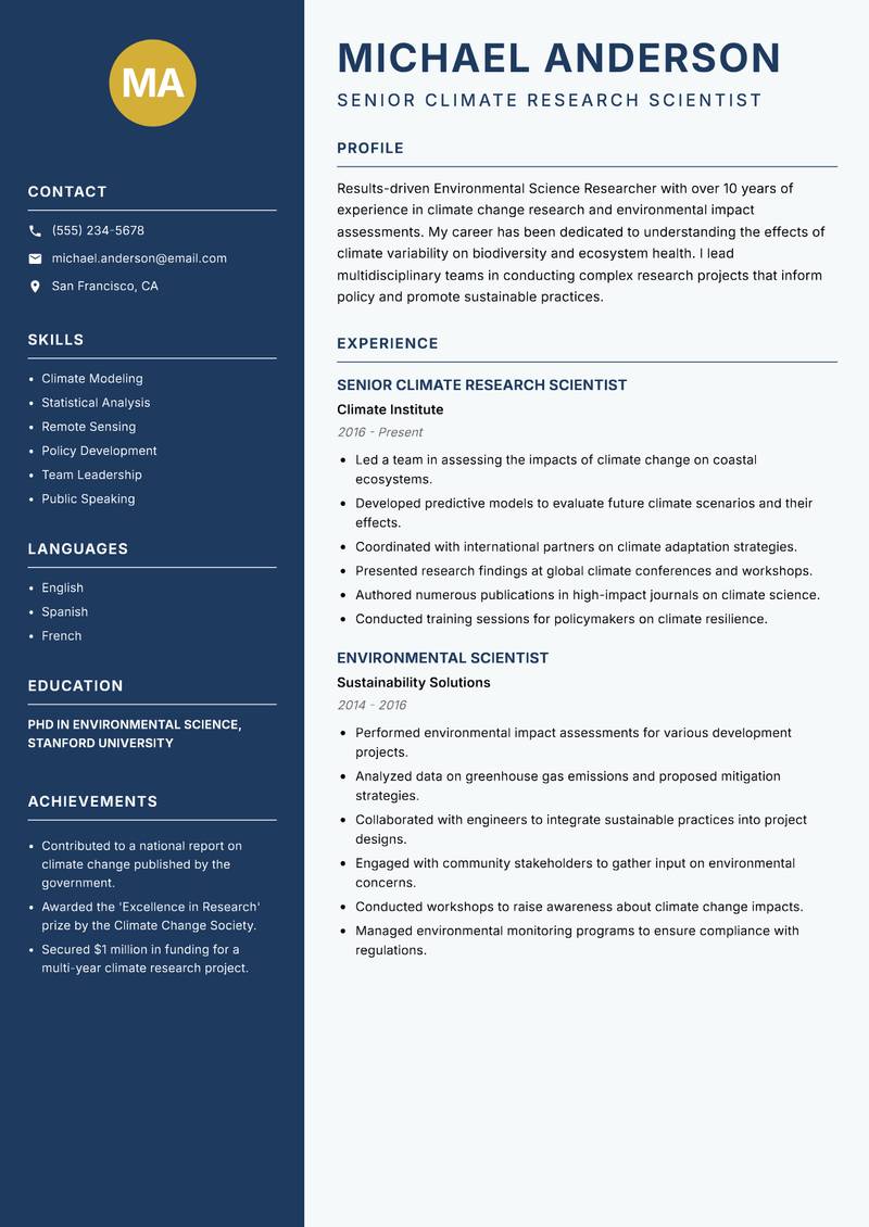 Environmental Science Researcher resume template — Classic Clean