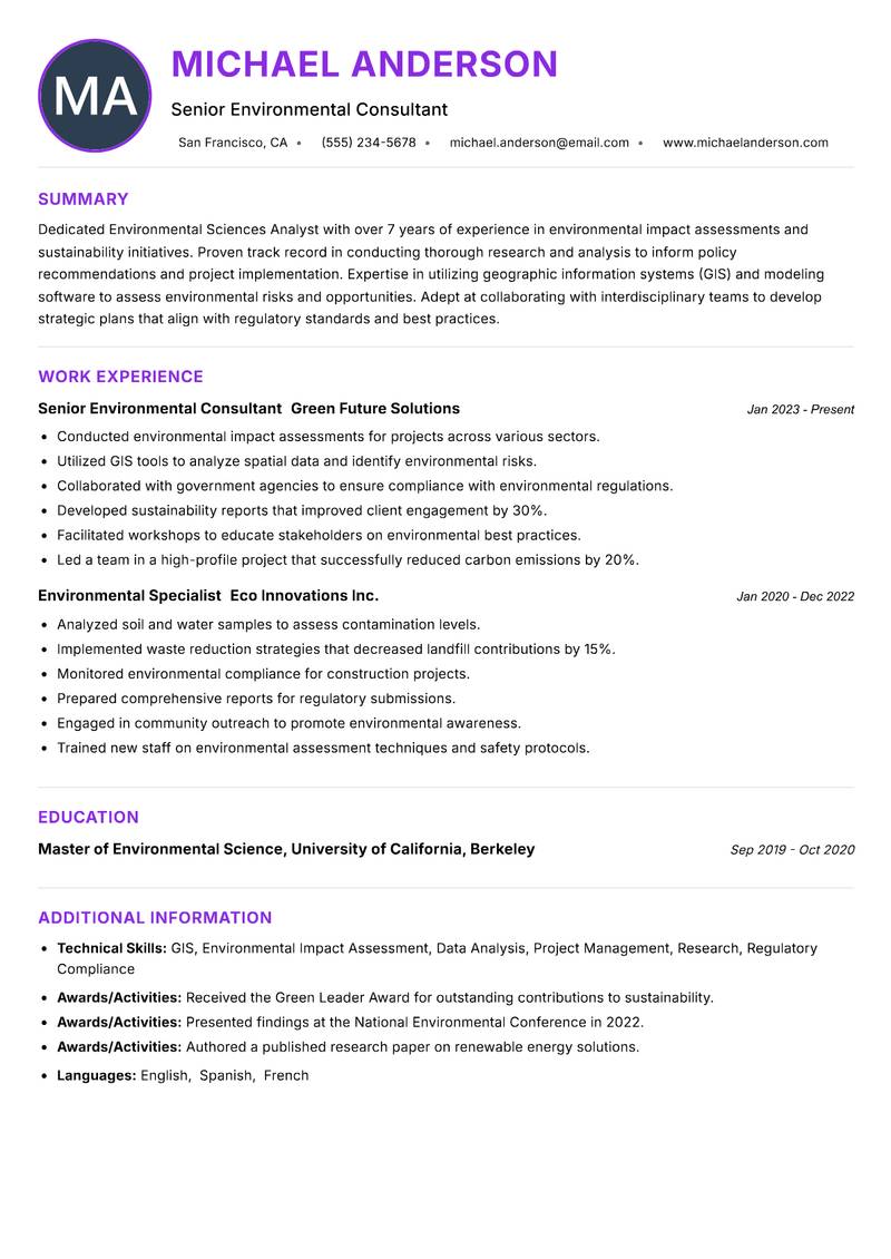 Environmental Sciences Analyst resume example — ATS-friendly template