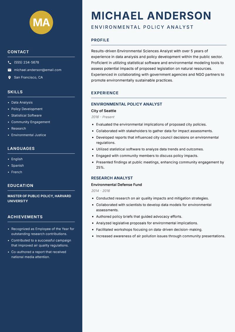 Environmental Sciences Analyst resume template — Classic Clean