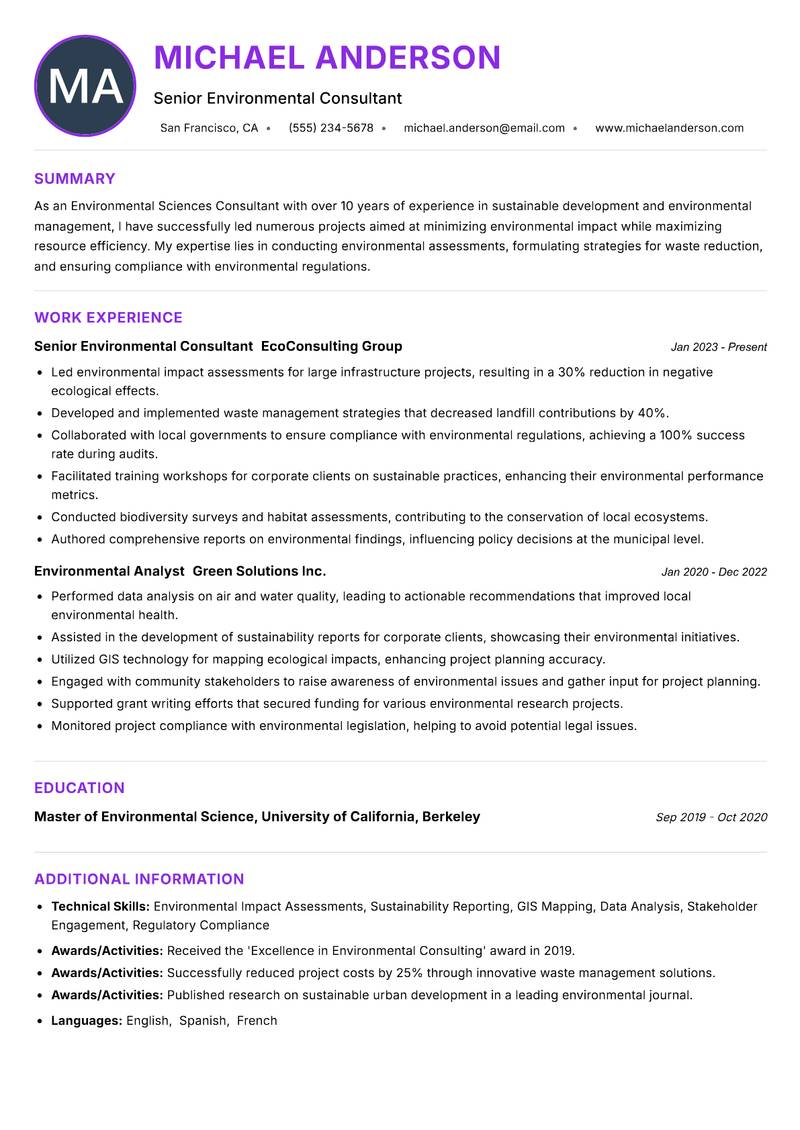 Environmental Sciences Consultant resume example — ATS-friendly template
