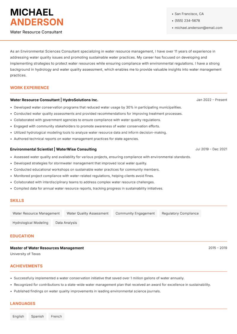 Environmental Sciences Consultant resume template — Modern Professional