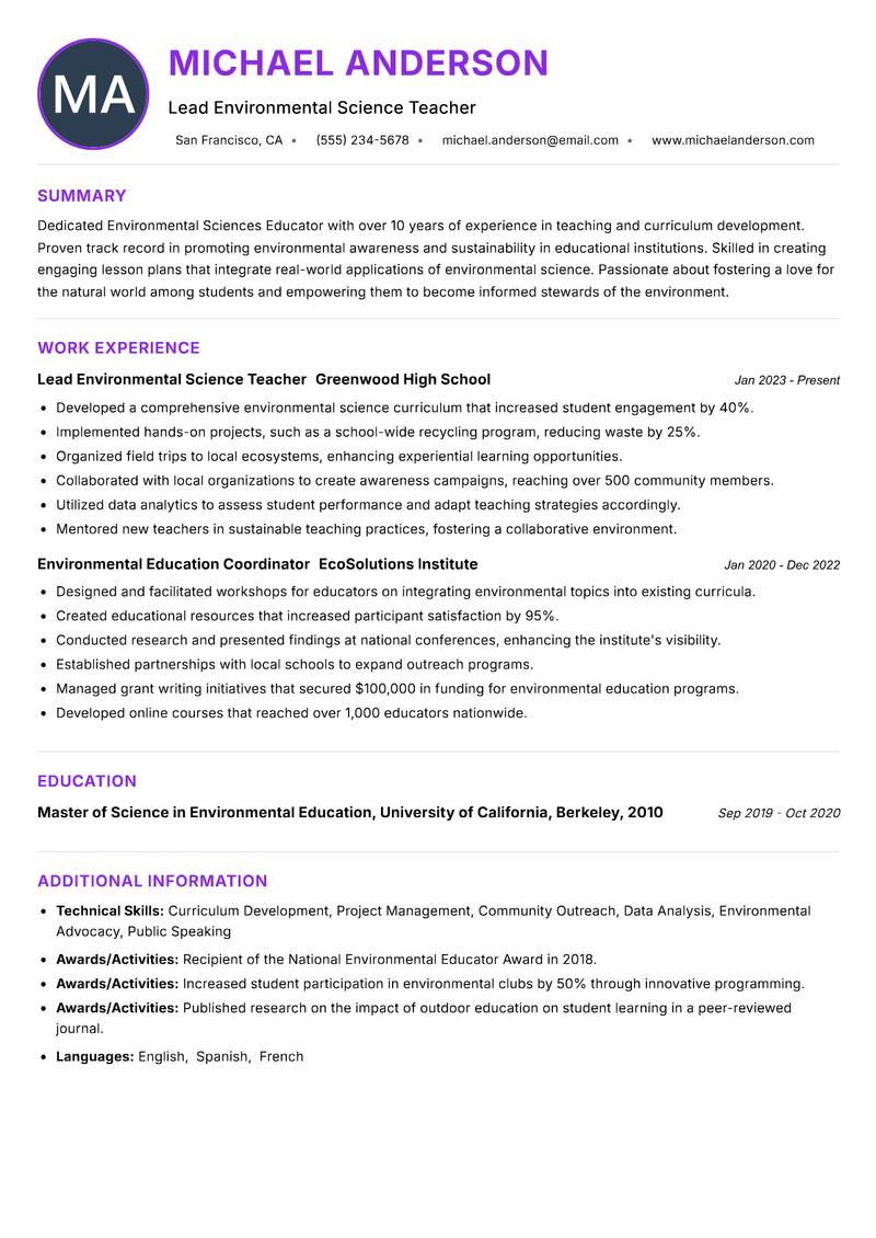 Environmental Sciences Educator resume example — ATS-friendly template