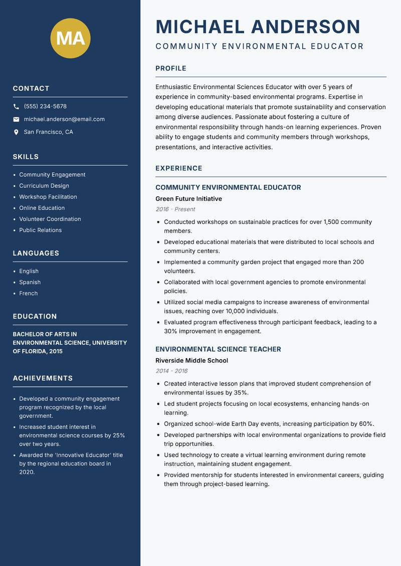 Environmental Sciences Educator resume template — Classic Clean
