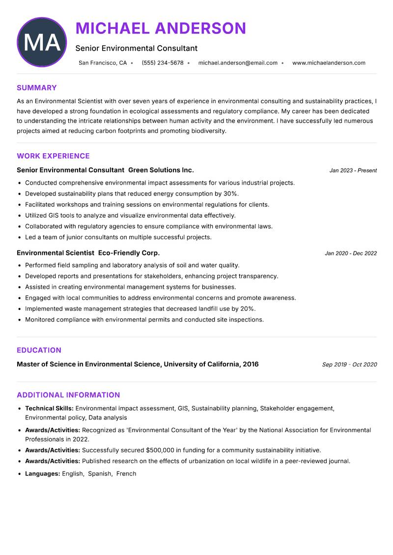 Environmental Scientist resume example — ATS-friendly template