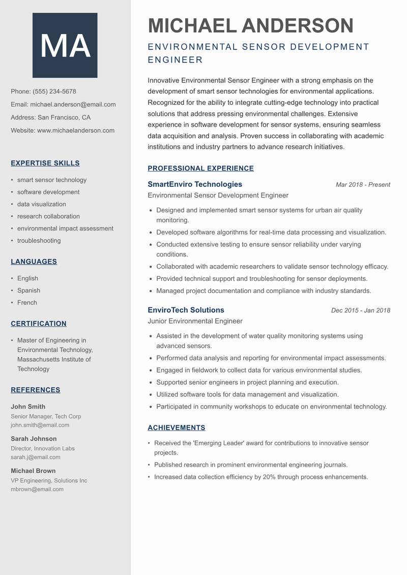 Environmental Sensor Engineer resume template — Creative Minimal