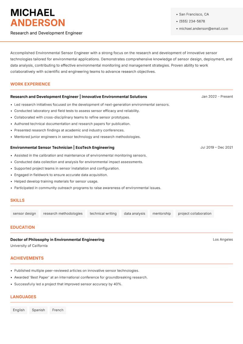 Environmental Sensor Engineer resume template — Modern Professional