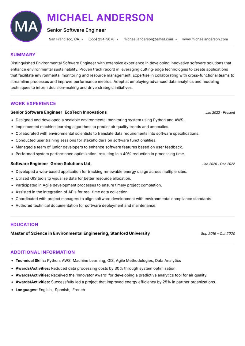 Environmental Software Engineer resume example — ATS-friendly template