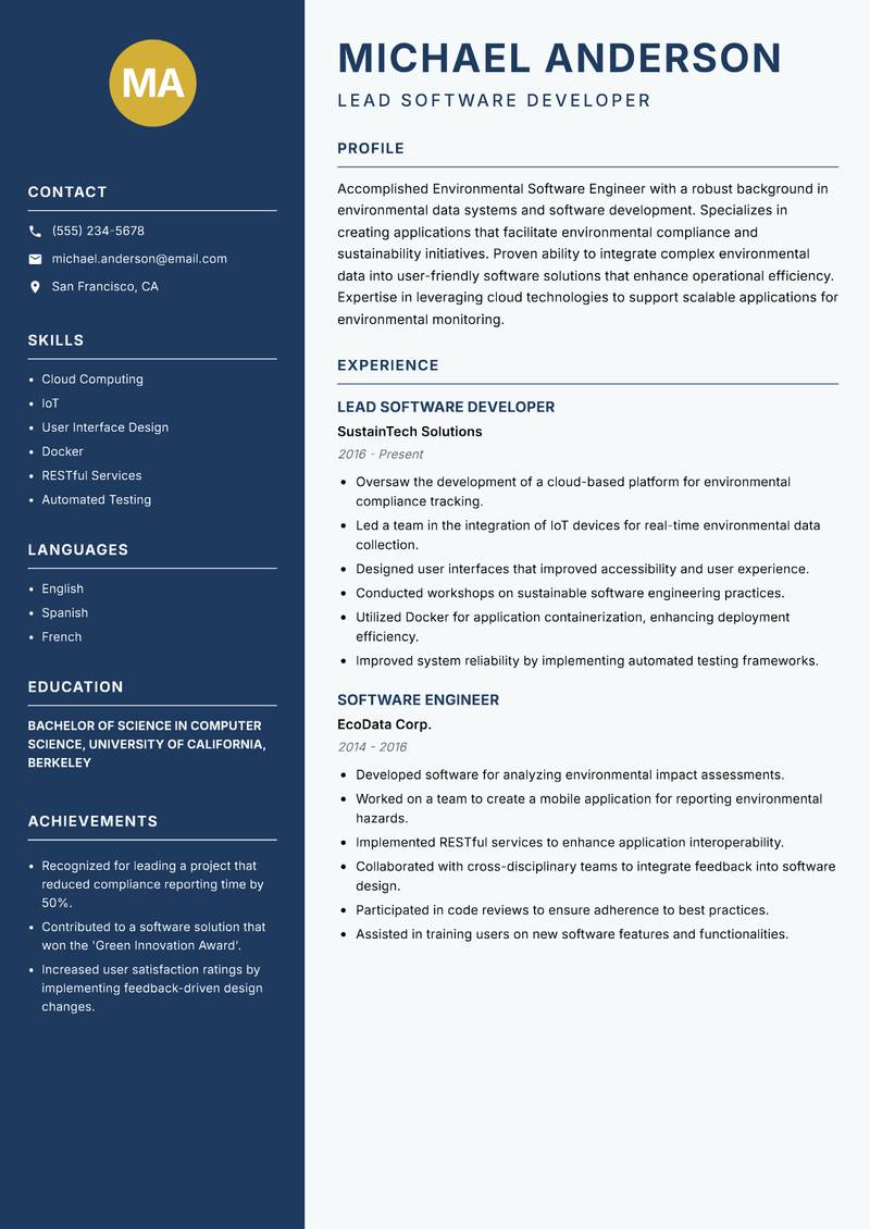 Environmental Software Engineer resume template — Classic Clean