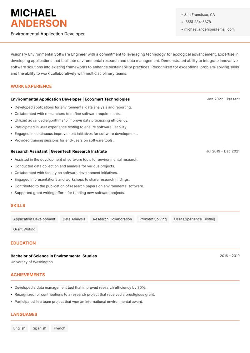 Environmental Software Engineer resume template — Modern Professional