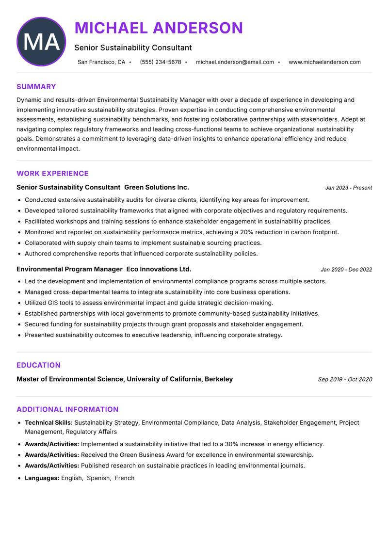 Environmental Sustainability Manager resume example — ATS-friendly template
