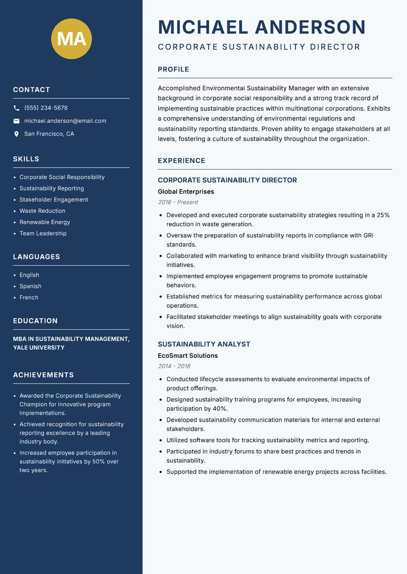 Environmental Sustainability Manager resume template — Classic Clean