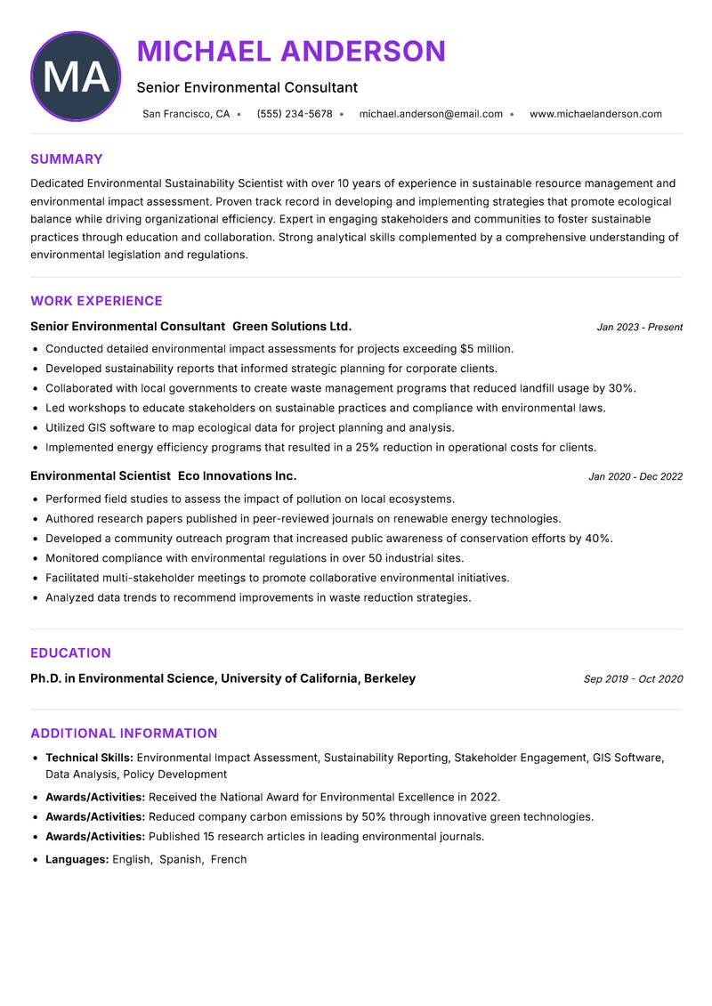 Environmental Sustainability Scientist resume example — ATS-friendly template