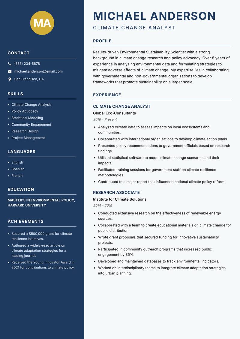 Environmental Sustainability Scientist resume template — Classic Clean