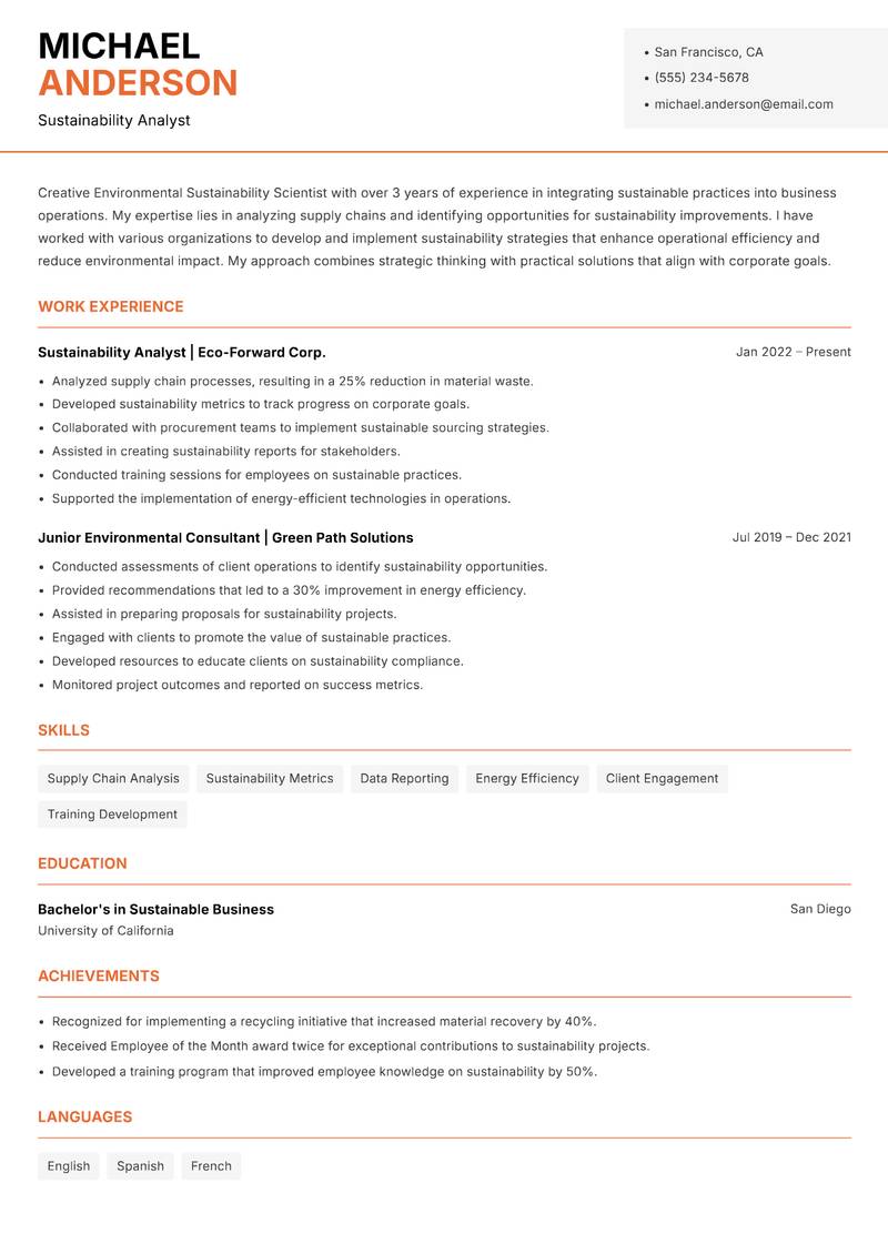 Environmental Sustainability Scientist resume template — Modern Professional