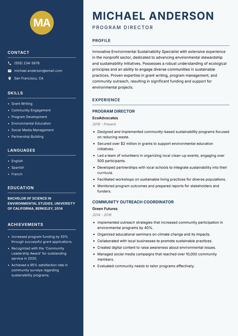 Environmental Sustainability Specialist resume template — Classic Clean