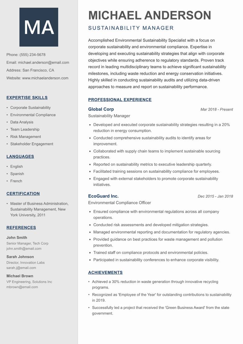 Environmental Sustainability Specialist resume template — Creative Minimal