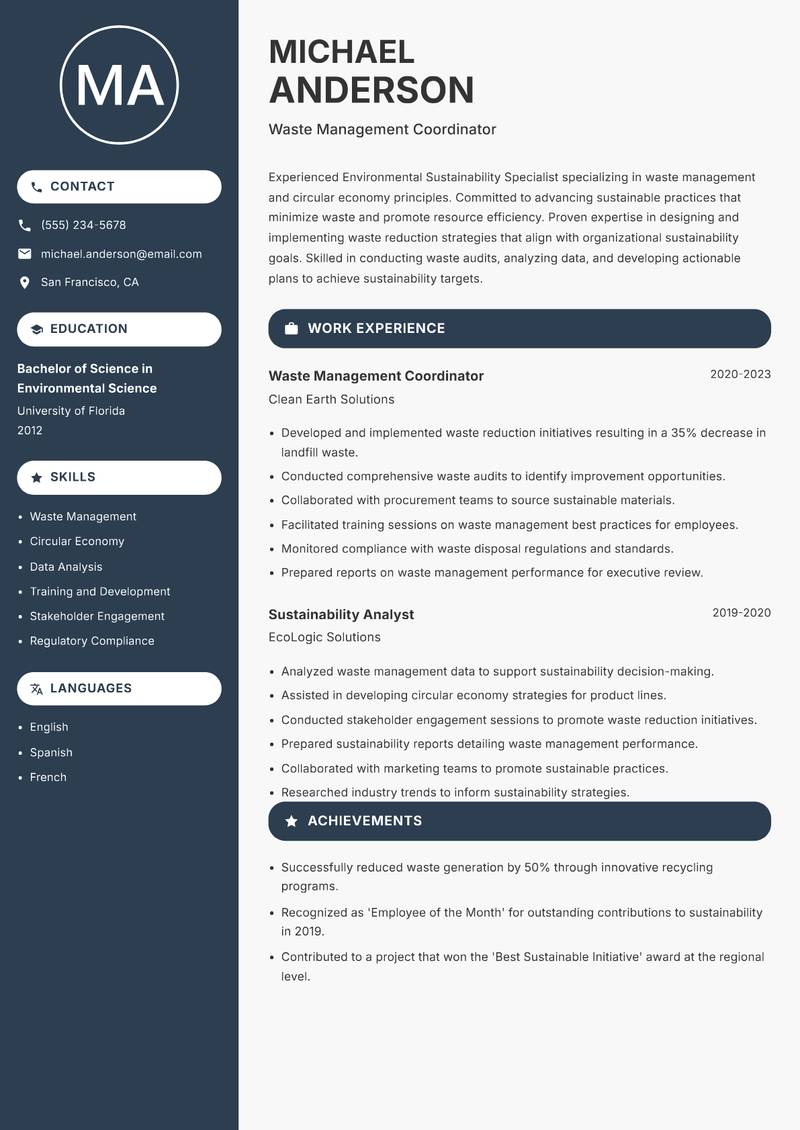 Environmental Sustainability Specialist resume template — Compact