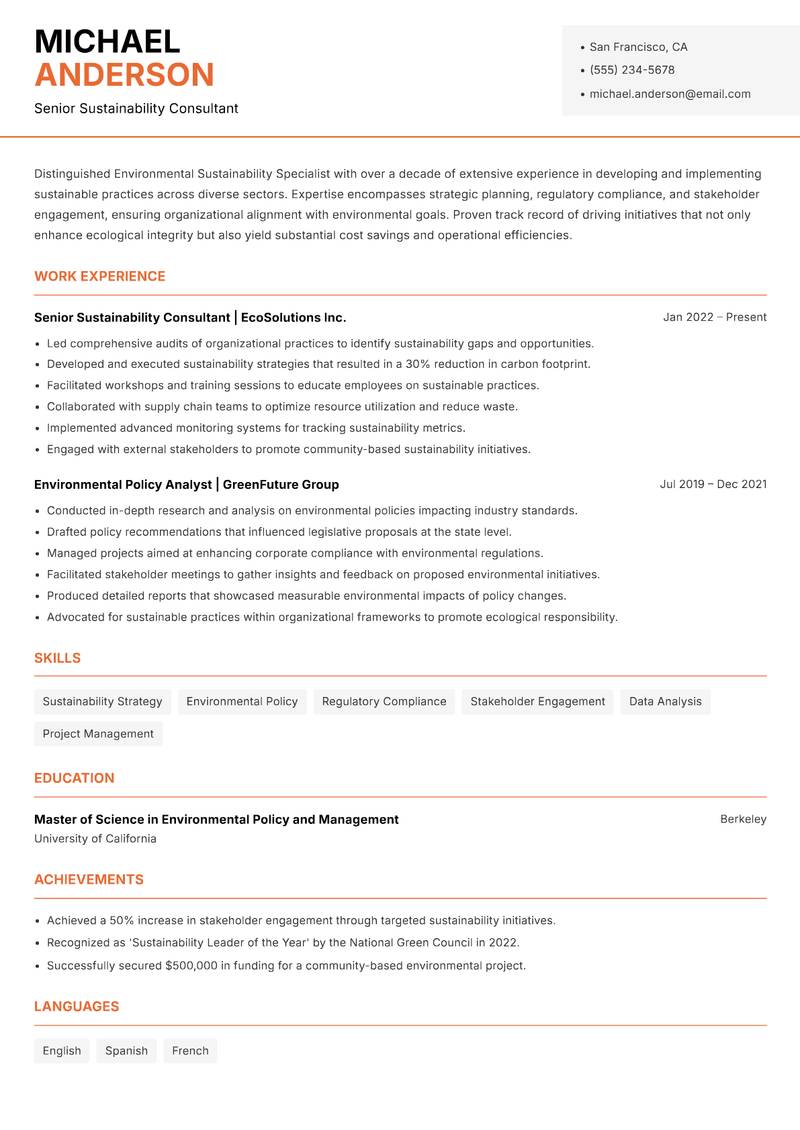Environmental Sustainability Specialist resume template — Modern Professional