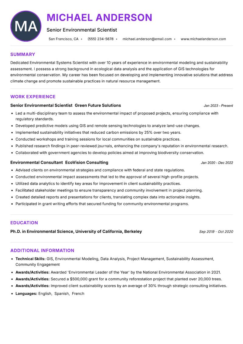 Environmental Systems Scientist resume example — ATS-friendly template