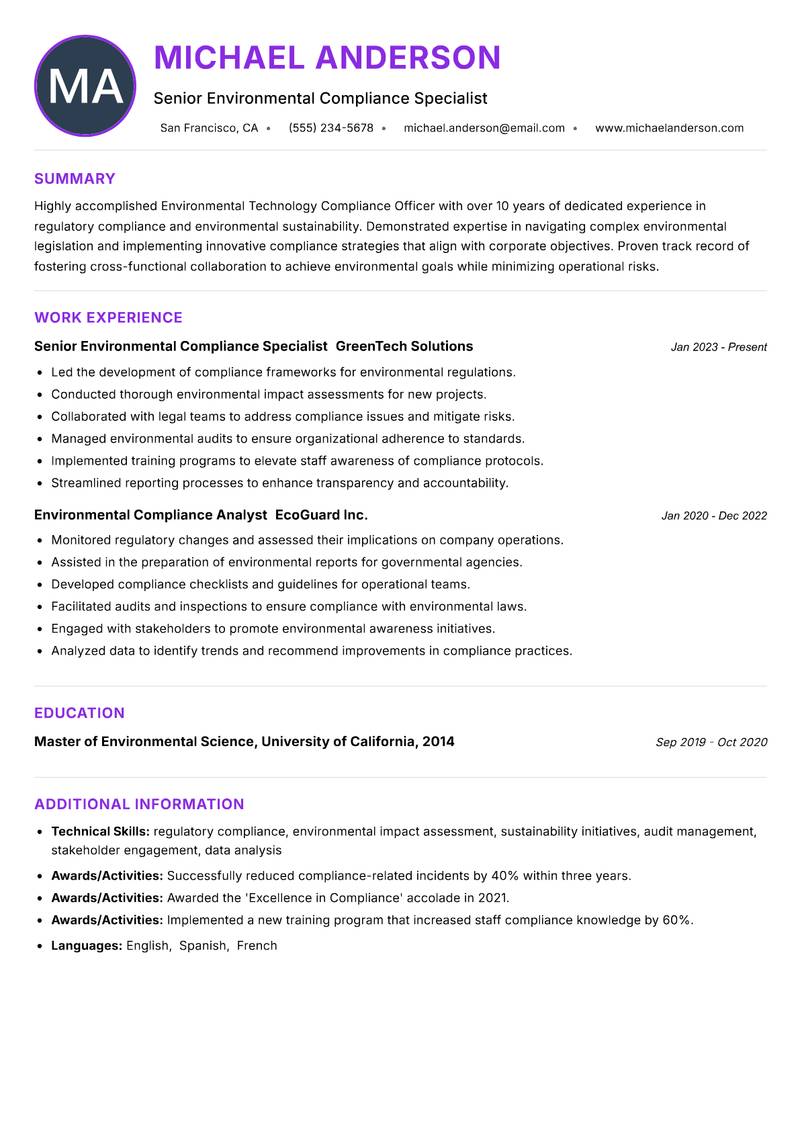 Environmental Technology Compliance Officer resume example — ATS-friendly template