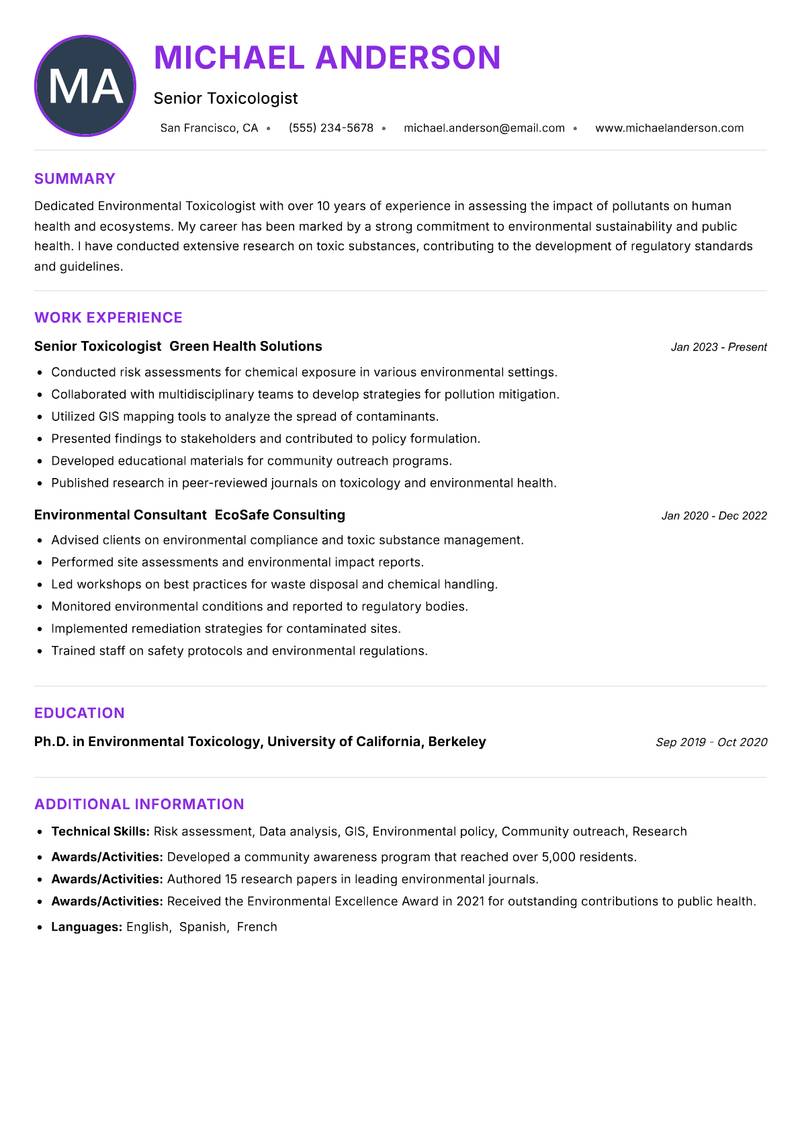 Environmental Toxicologist resume example — ATS-friendly template