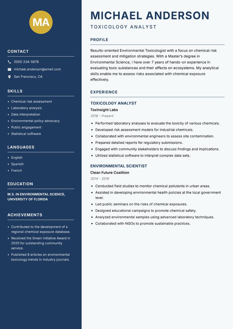 Environmental Toxicologist resume template — Classic Clean