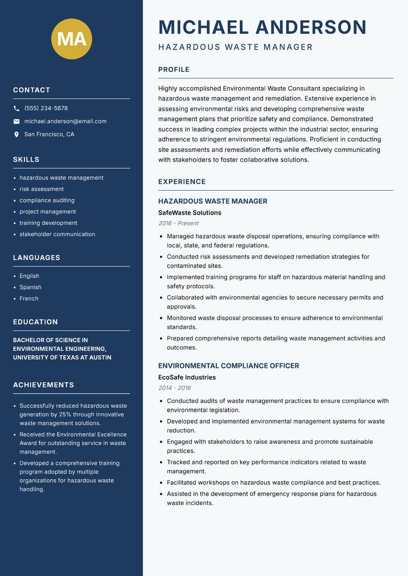 Environmental Waste Consultant resume template — Classic Clean