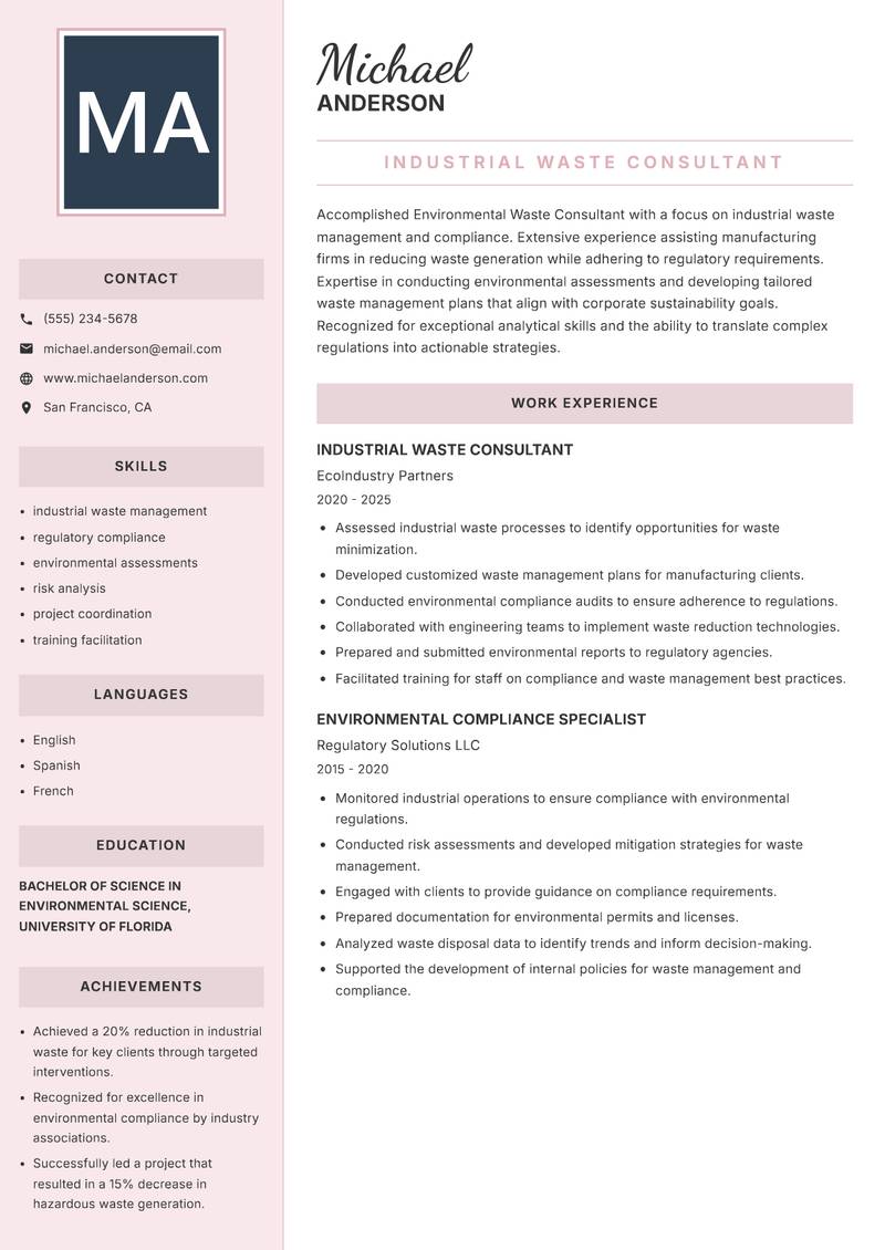 Environmental Waste Consultant resume template — Executive