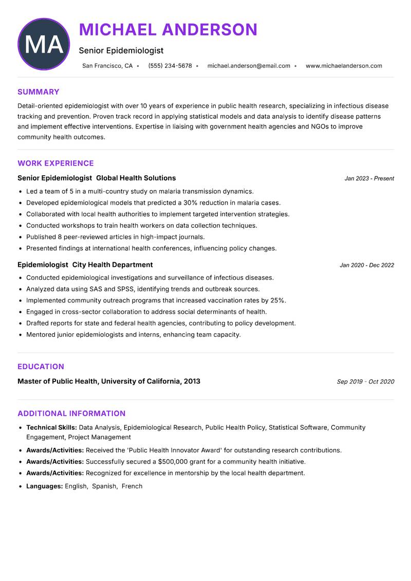 Epidemiologist resume example — ATS-friendly template