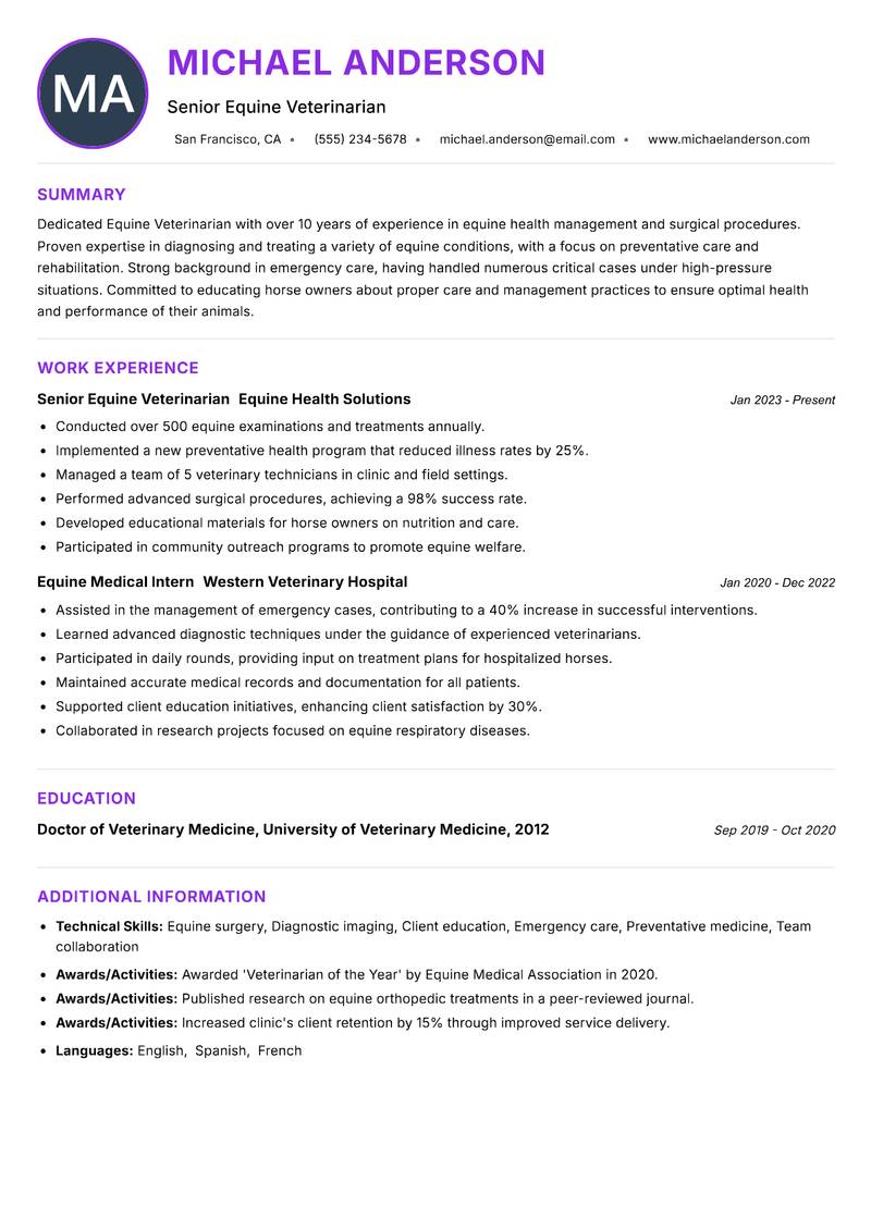 Equine Veterinarian resume example — ATS-friendly template