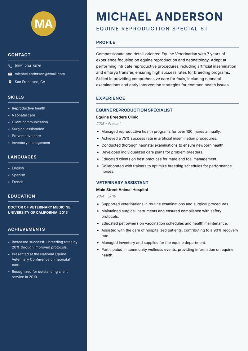 Equine Veterinarian resume template — Classic Clean