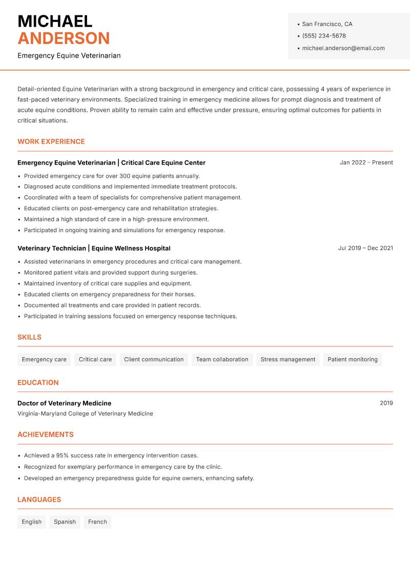 Equine Veterinarian resume template — Modern Professional