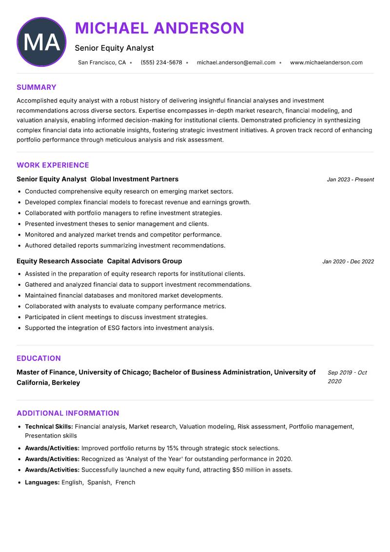 Equity Analyst resume example — ATS-friendly template