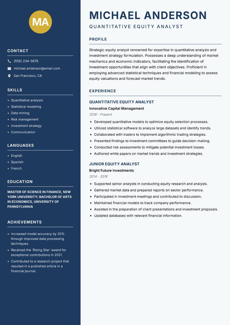 Equity Analyst resume template — Classic Clean