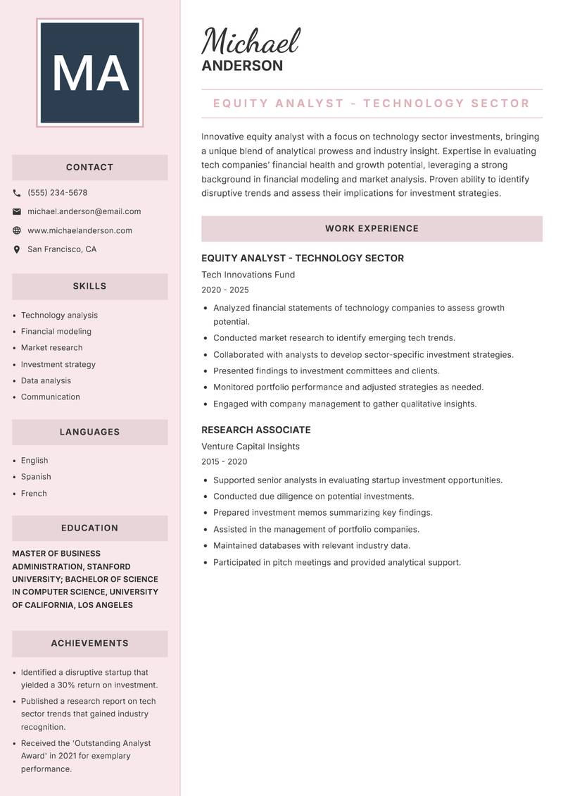 Equity Analyst resume template — Executive