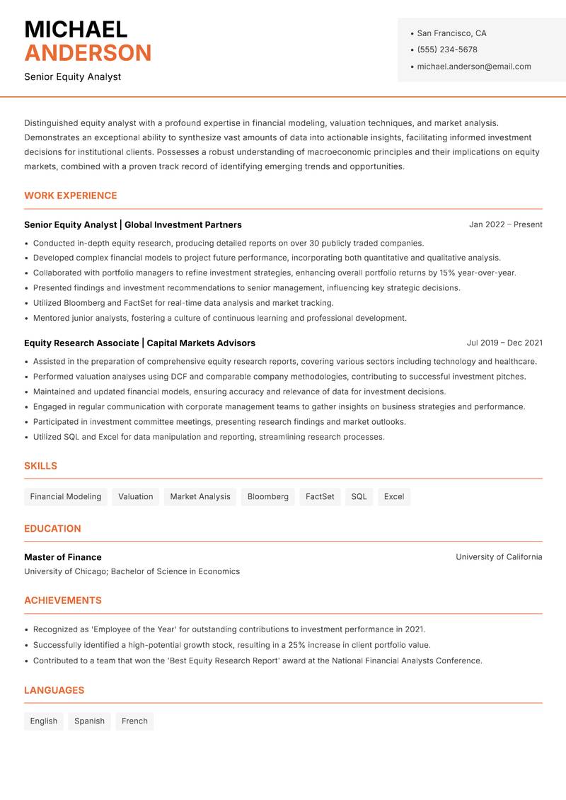 Equity Analyst resume template — Modern Professional