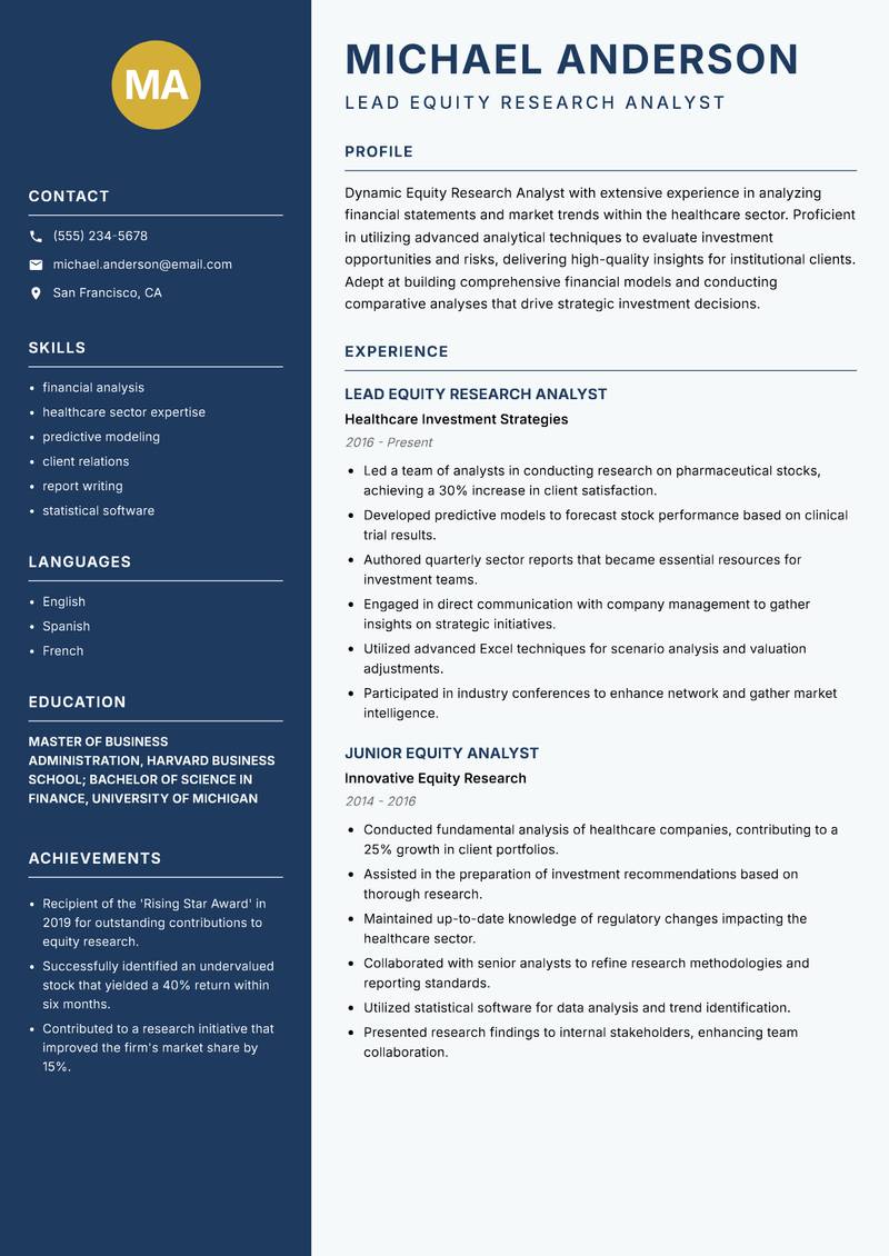 Equity Research Analyst resume template — Classic Clean