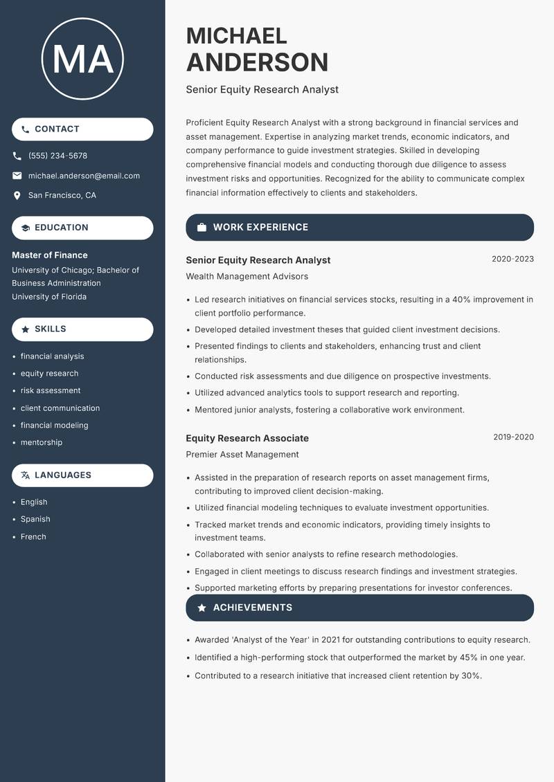 Equity Research Analyst resume template — Compact