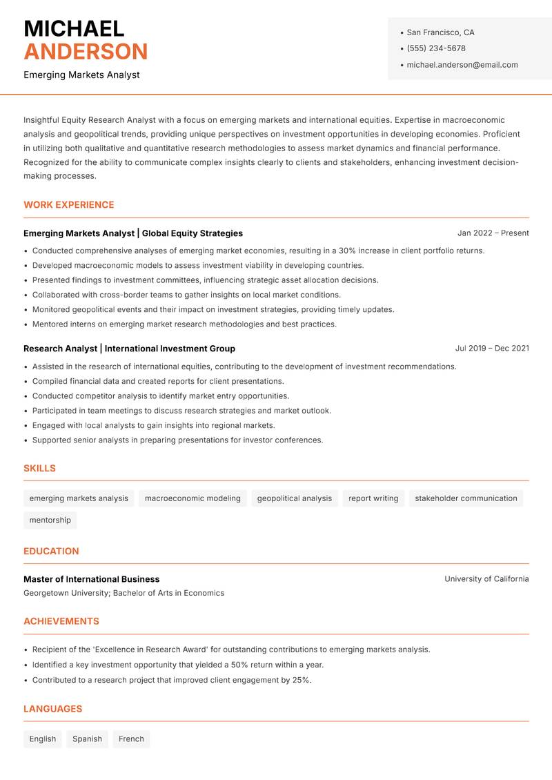 Equity Research Analyst resume template — Modern Professional