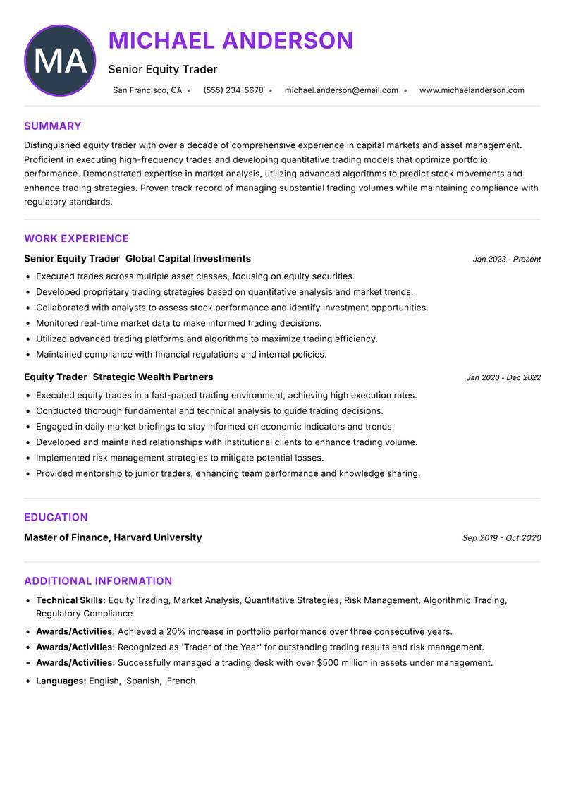 Equity Trader resume example — ATS-friendly template